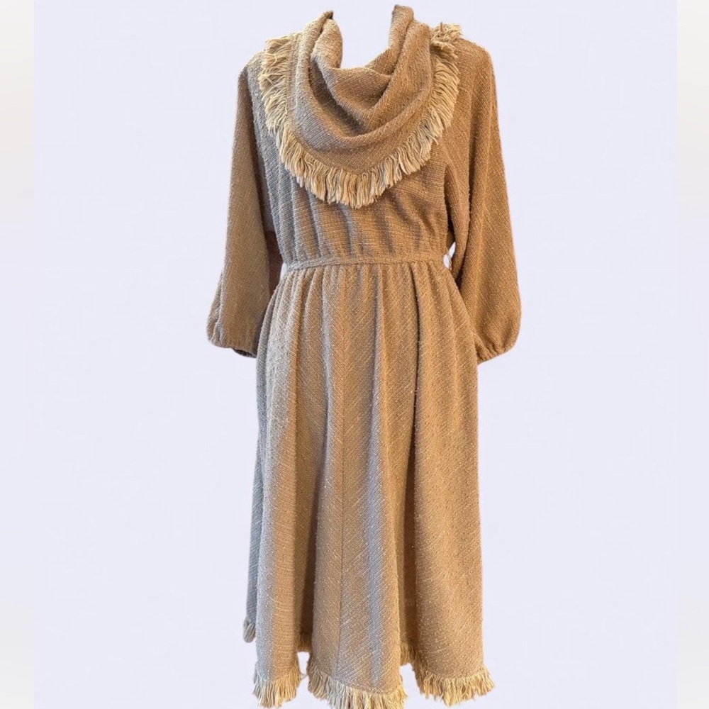 VTG Elegant Tan Fringe Cowl Neck Scarf Midi Dress Western Yellowstone Ranch Farm